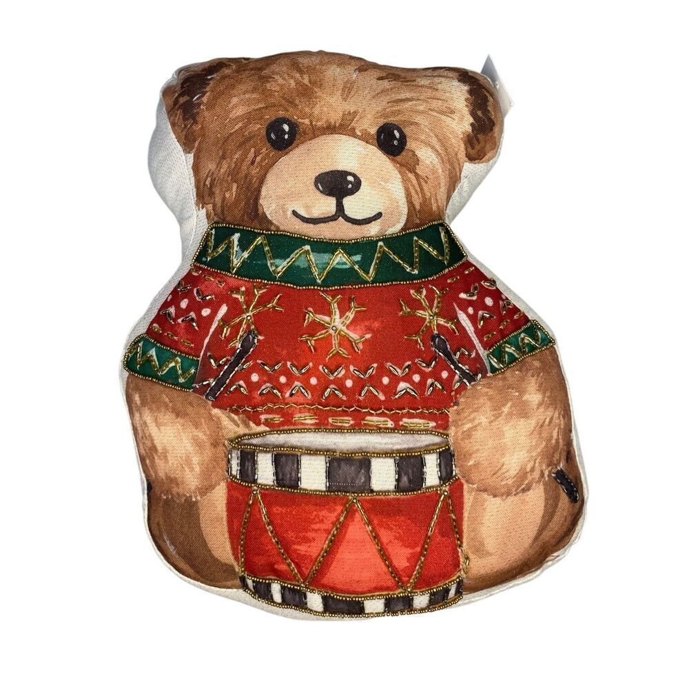 Nwt Beaded Christmas Teddy Bear Drum Pillow 14x18 India Holiday Decor Holiday